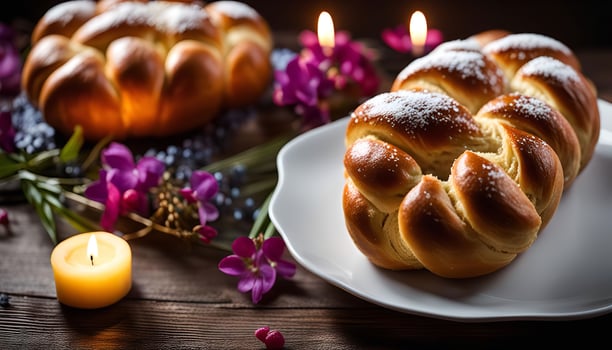 Braided Bread with Flowers and Candles photo