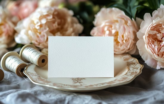 A white card sits on a plate with pink flowers photo