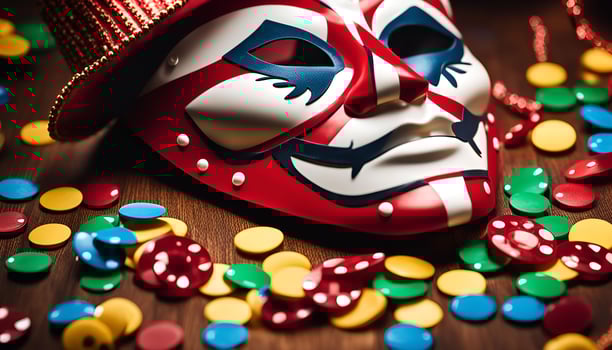 Carnival Mask and Colorful Chips on Wooden Surface photo