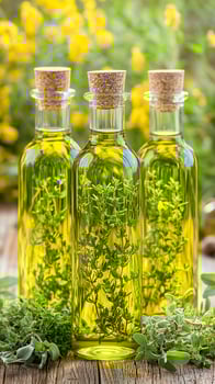homemade herb infused oils in glass bottles with fresh herbs for spring cooking. photo
