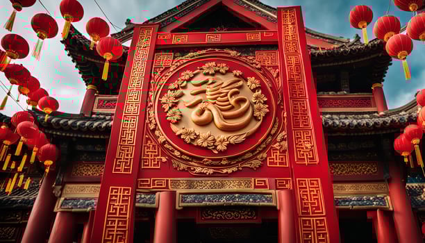 Traditional Chinese Architecture with Red Lanterns photo