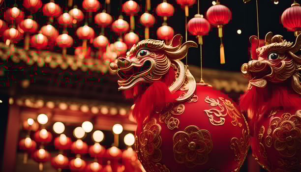 Chinese New Year Celebration with Red Lanterns and Dragon Masks photo