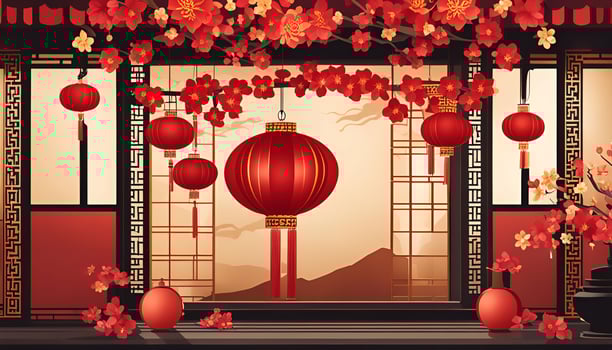 Chinese New Year Celebration with Red Lanterns and Cherry Blossom photo
