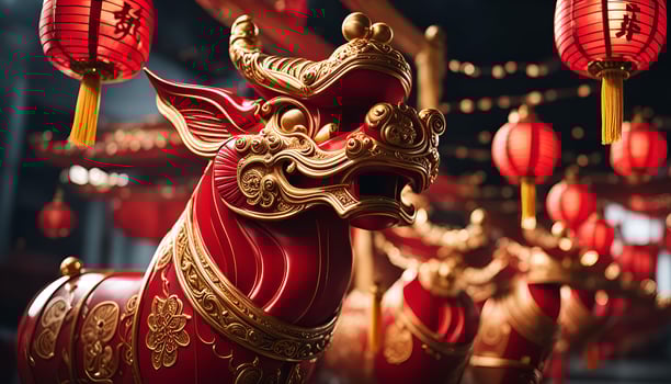 Chinese New Year Decorated with Red Lanterns and Golden Ox Statue photo