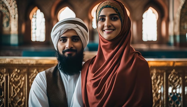 Muslim couple smiling in a mosque photo