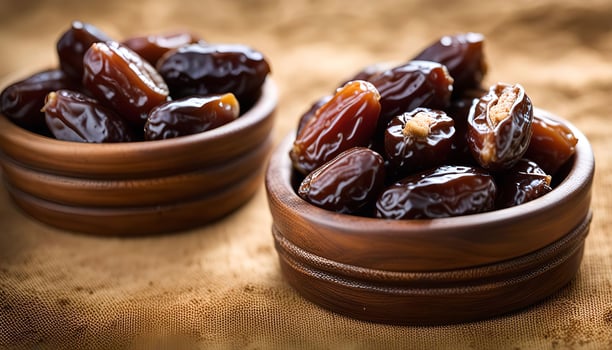 Close up of dates in wooden bowl photo