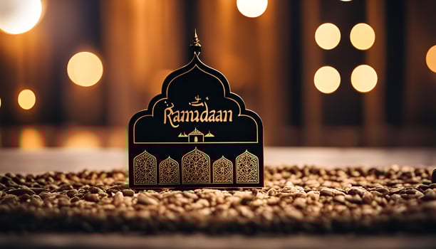 Ramadan Greeting Card with Golden Details and Blurred Lights in the Background photo