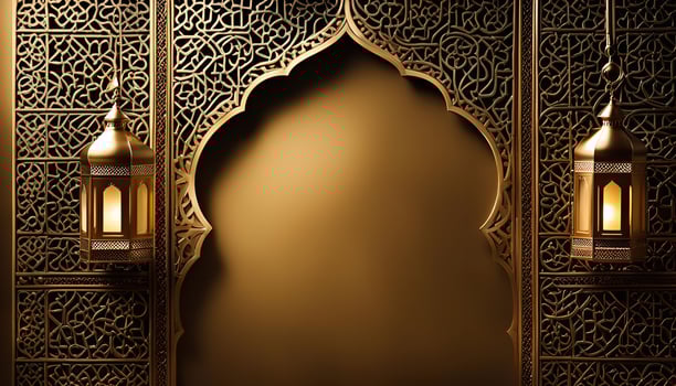 Golden Arabic Archway with Intricate Designs and Lanterns photo