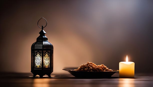 Ornate Lantern, Candle, and Bowl of Dates for Ramadan photo