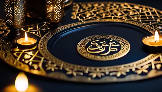Arabic Calligraphy and Candles on a Decorative Plate photo