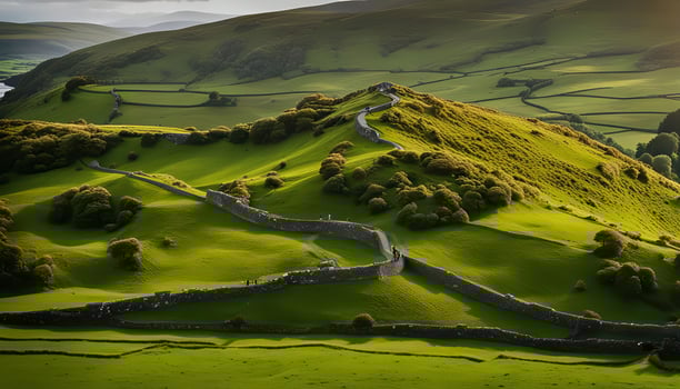 Stone Wall Winding Through Lush Green Hills photo