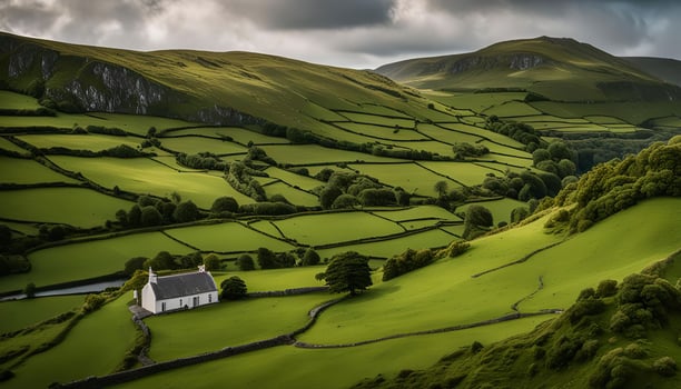 Rolling Green Hills with a Quaint White Cottage photo