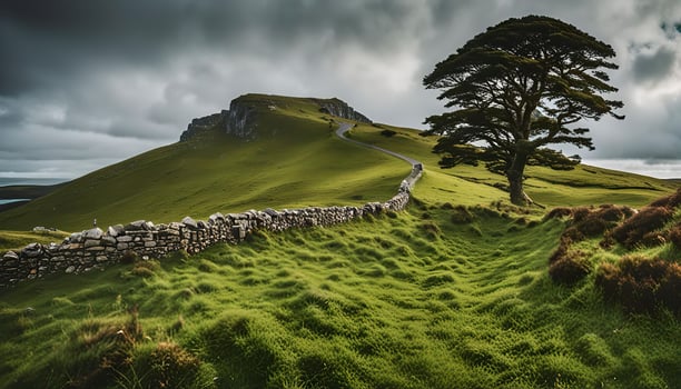 Scenic Landscape with Stone Wall and Tree photo