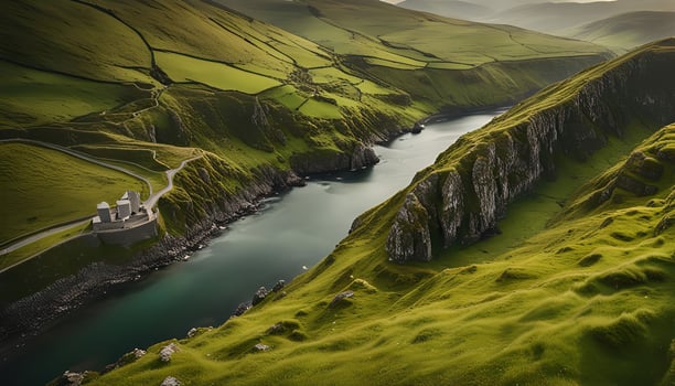 Serene Landscape of Winding River and Rolling Hills photo