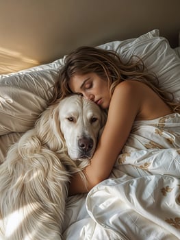 Woman sleeping with a golden retriever photo