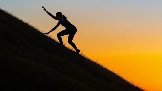 Silhouette of a Woman Climbing a Steep Mountain photo