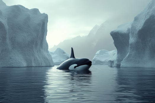 Orca surfacing between icebergs in arctic waters photo