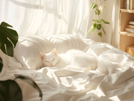 Fluffy White Cat Sleeping on White Sheets photo