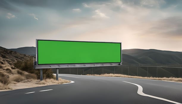 Green Screen Billboard on a Winding Road in the Countryside photo