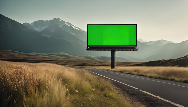 Green Billboard on a Scenic Road with Mountains in the Background photo