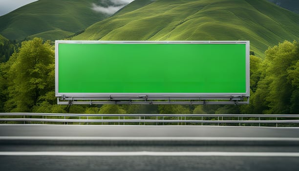 Blank Billboard on Highway with Mountain Background photo