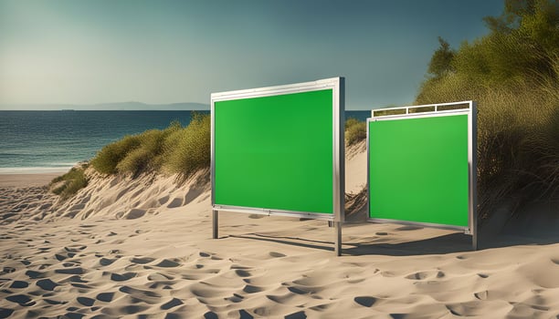 Blank Green Screen Billboards on Sandy Beach photo