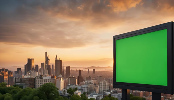 Blank Billboard Against City Skyline at Sunset photo
