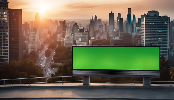 Billboard on a Rooftop with a City Skyline at Sunset photo