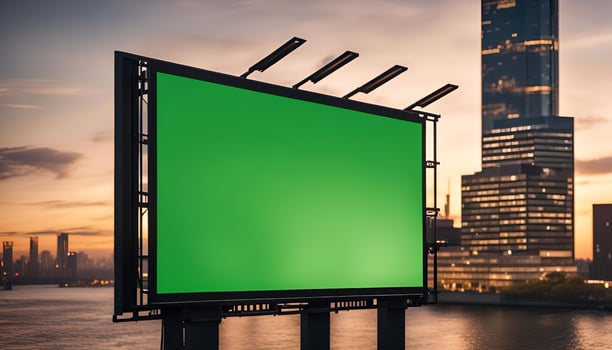 Blank Billboard Green Screen Mockup with Cityscape in Sunset photo