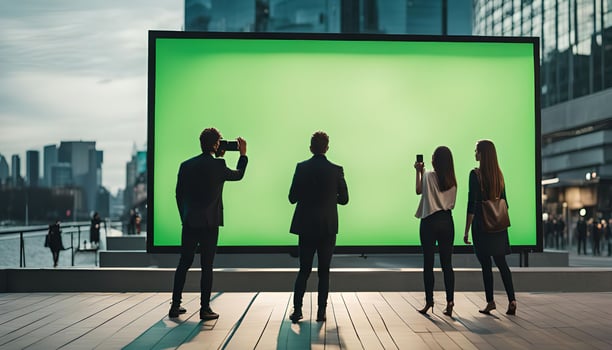 People Taking Pictures of a Giant Green Screen in Urban Setting photo