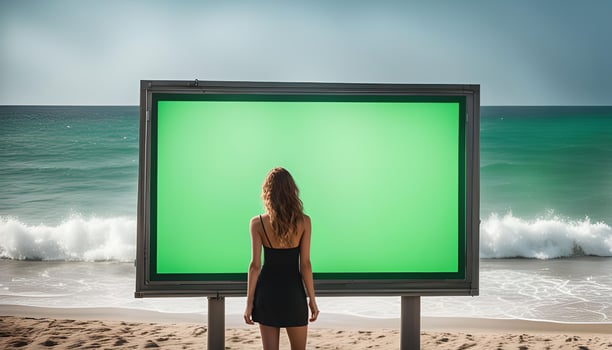 Woman facing a Green Screen on the Beach photo