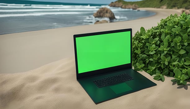 Laptop on a Beach with a Green Screen photo