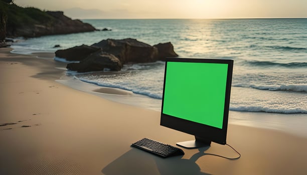Computer on the Beach at Sunset photo