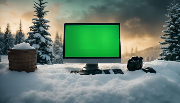 Computer and Camera in Snowy Forest photo