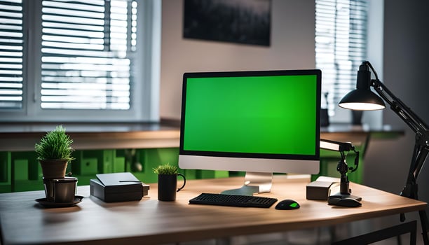 Modern Home Office with Computer and Green Screen photo