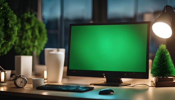 Desktop Setup with a Green Screen Monitor photo