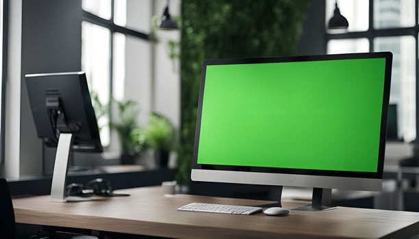 Modern Office Workspace with Green Screen Computer photo