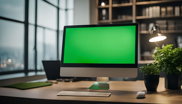 Modern Office Workspace with Green Screen Computer photo