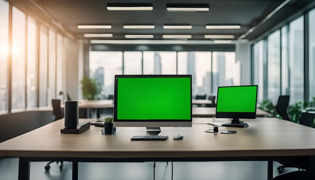 Modern Office Workspace with Green Screen Monitors photo