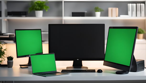 Green Screen Monitors and Laptop on a Desk photo