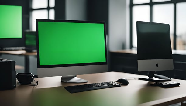 Modern Workspace with Green Screen Computer photo