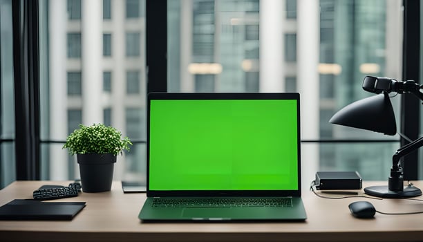 Laptop with Green Screen on a Desk photo