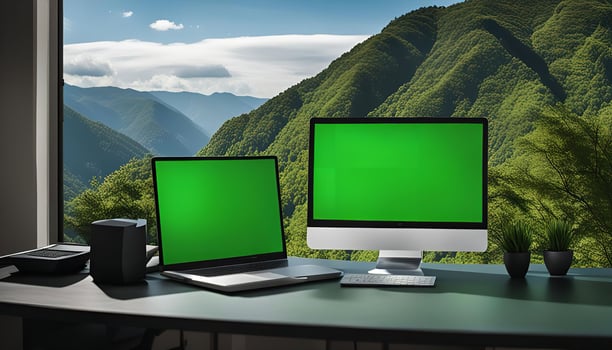 Laptop and Desktop Computer by Window with Mountain View photo