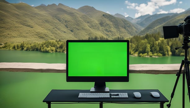 Green Screen Setup by the Lake in Mountainous Landscape photo