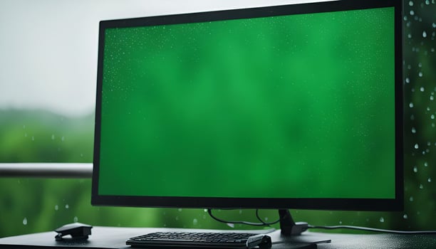 Computer monitor on desk with green screen photo