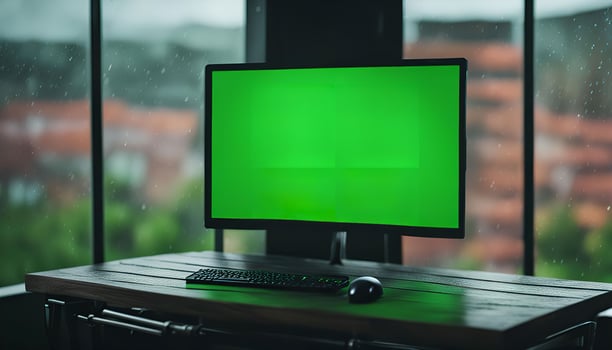 Green Screen Monitor on a Desk by a Window photo