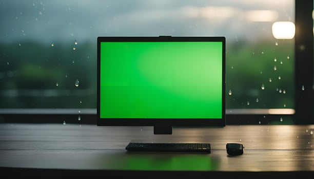 Desktop Computer with Green Screen on Rainy Day photo