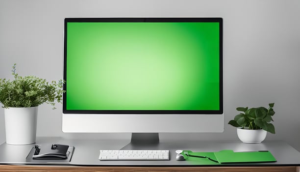 Modern Workspace with Green Screen Computer photo