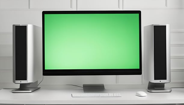Modern Desktop Setup with Green Screen Monitor photo