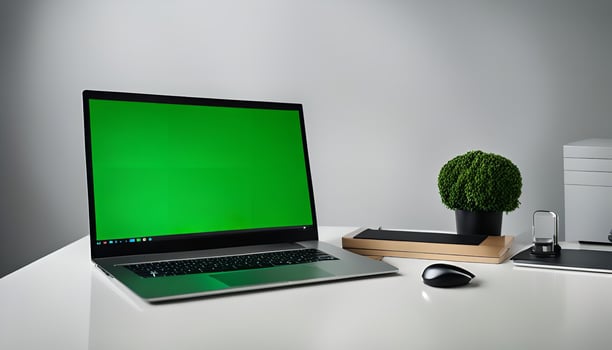 Laptop on White Desk with Green Screen photo